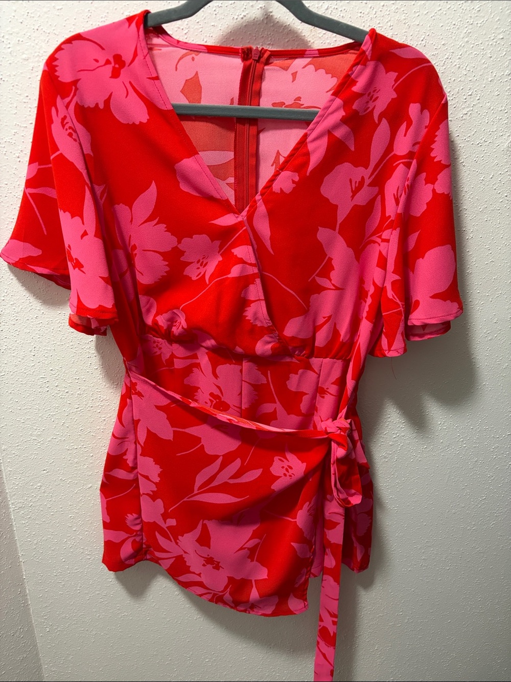 Women’s V-Neck Floral Wrap Romper in Red and Pink